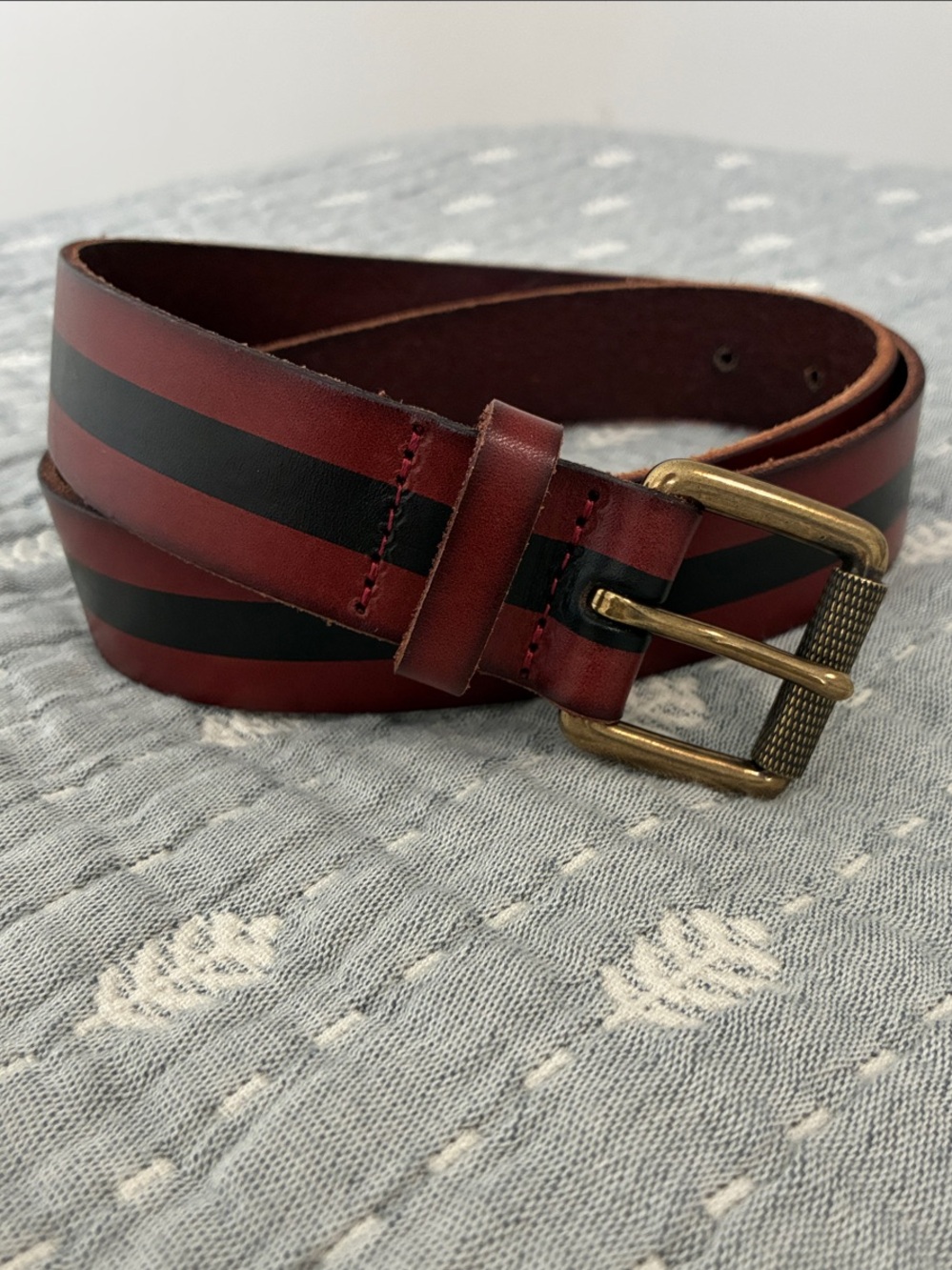 Men's Burgundy and Black Striped Leather Belt with Brass Buckle